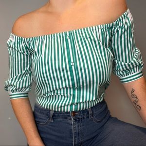 BB Dakota Green+White Vertical Striped Off the Shoulder Blouse XS
